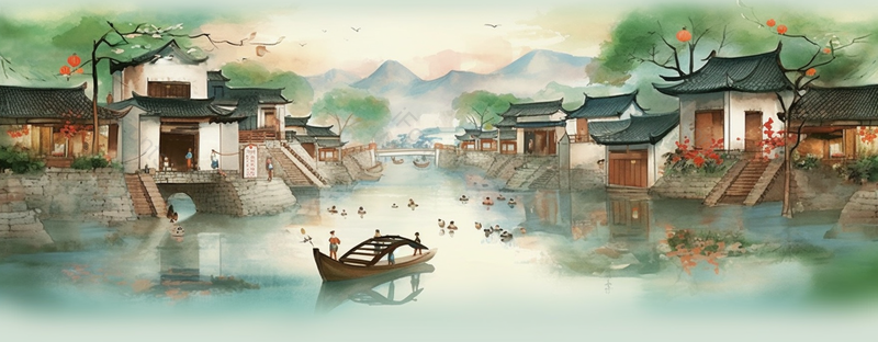 小清新绿色小桥流水房屋中国风插画,插画/手绘图,插画/手绘图库,插画/手绘图下载,插画/手绘